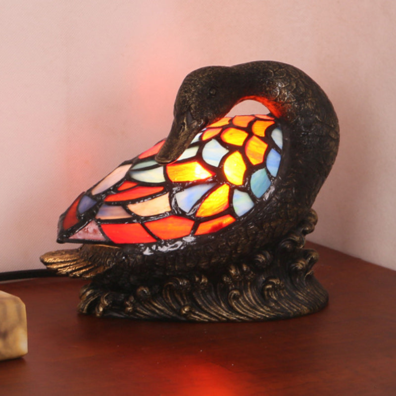 Traditional Tiffany Glass Resin Hand-Carved Duck Table Lamp