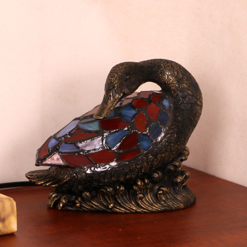 Traditional Tiffany Glass Resin Hand-Carved Duck Table Lamp