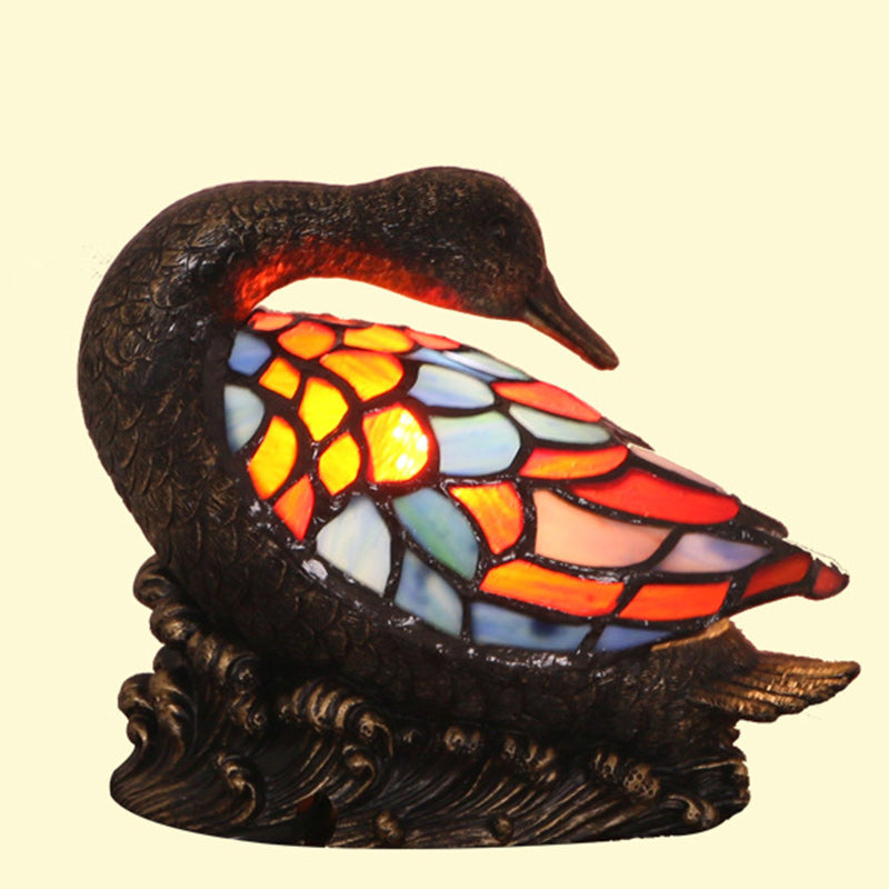 Traditional Tiffany Glass Resin Hand-Carved Duck Table Lamp