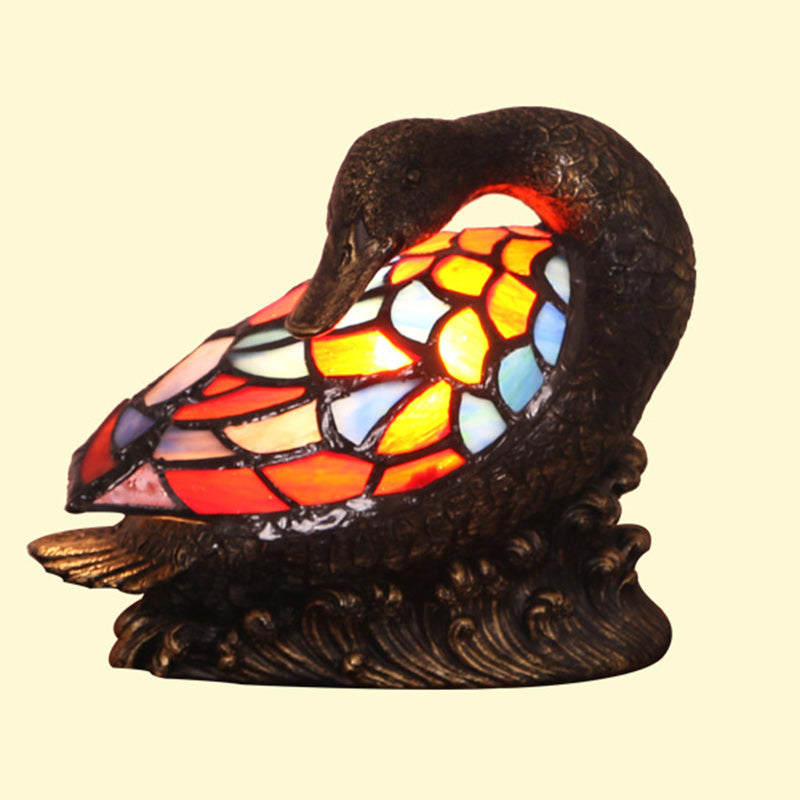 Traditional Tiffany Glass Resin Hand-Carved Duck Table Lamp