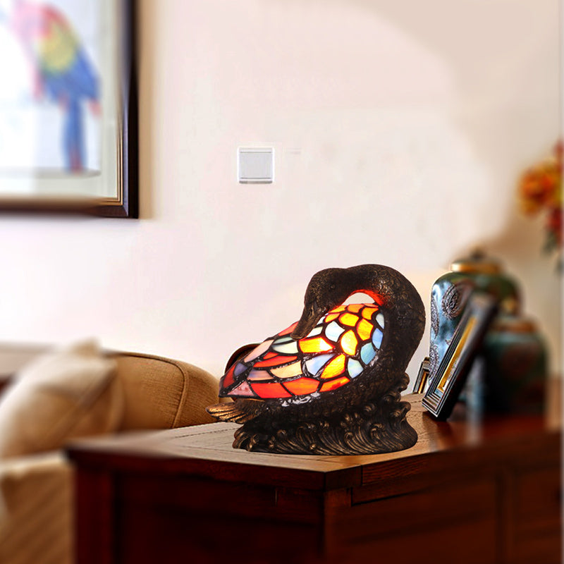 Traditional Tiffany Glass Resin Hand-Carved Duck Table Lamp