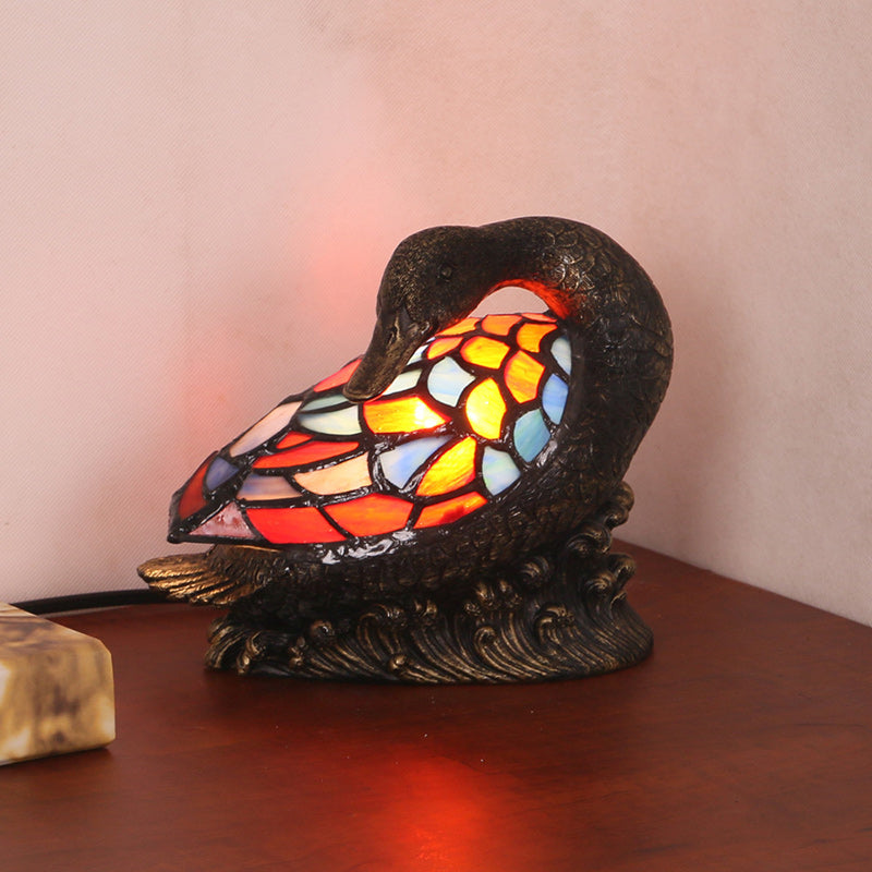 Traditional Tiffany Glass Resin Hand-Carved Duck Table Lamp