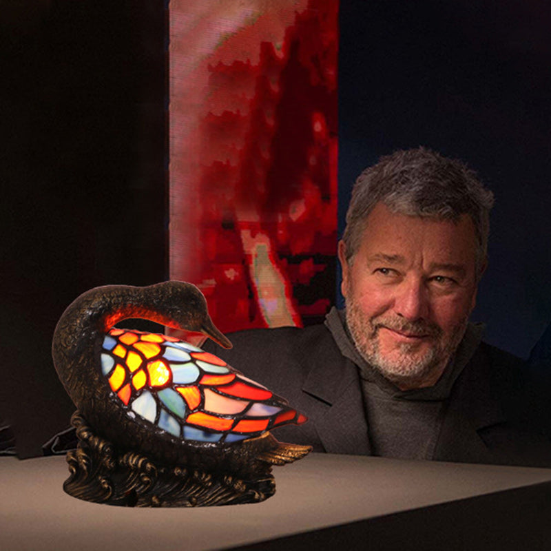 Traditional Tiffany Glass Resin Hand-Carved Duck Table Lamp