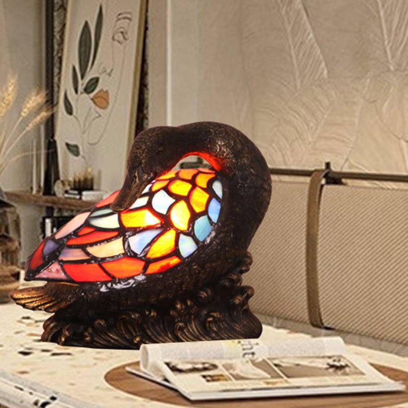 Traditional Tiffany Glass Resin Hand-Carved Duck Table Lamp