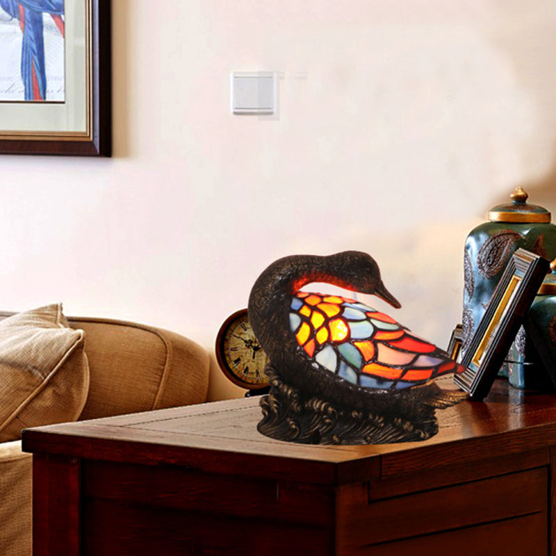 Traditional Tiffany Glass Resin Hand-Carved Duck Table Lamp