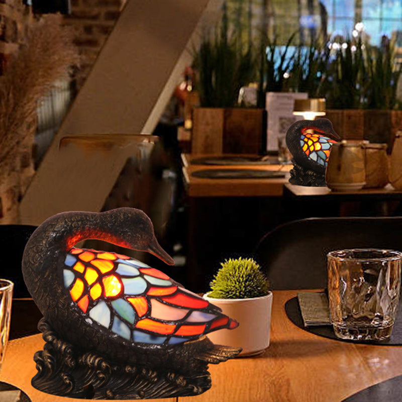 Traditional Tiffany Glass Resin Hand-Carved Duck Table Lamp