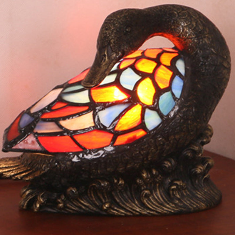 Traditional Tiffany Glass Resin Hand-Carved Duck Table Lamp