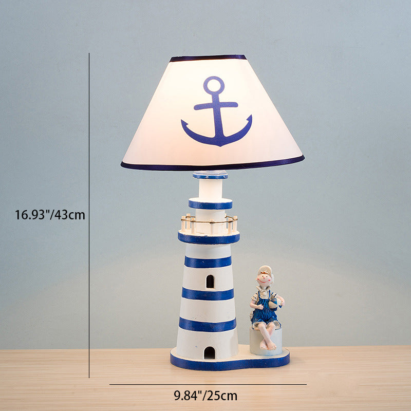 Coastal Wood Fabric Kids Conic Lighthouse 1-Light Table Lamp