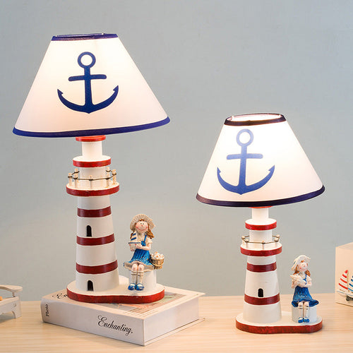Coastal Wood Fabric Kids Conic Lighthouse 1-Light Table Lamp