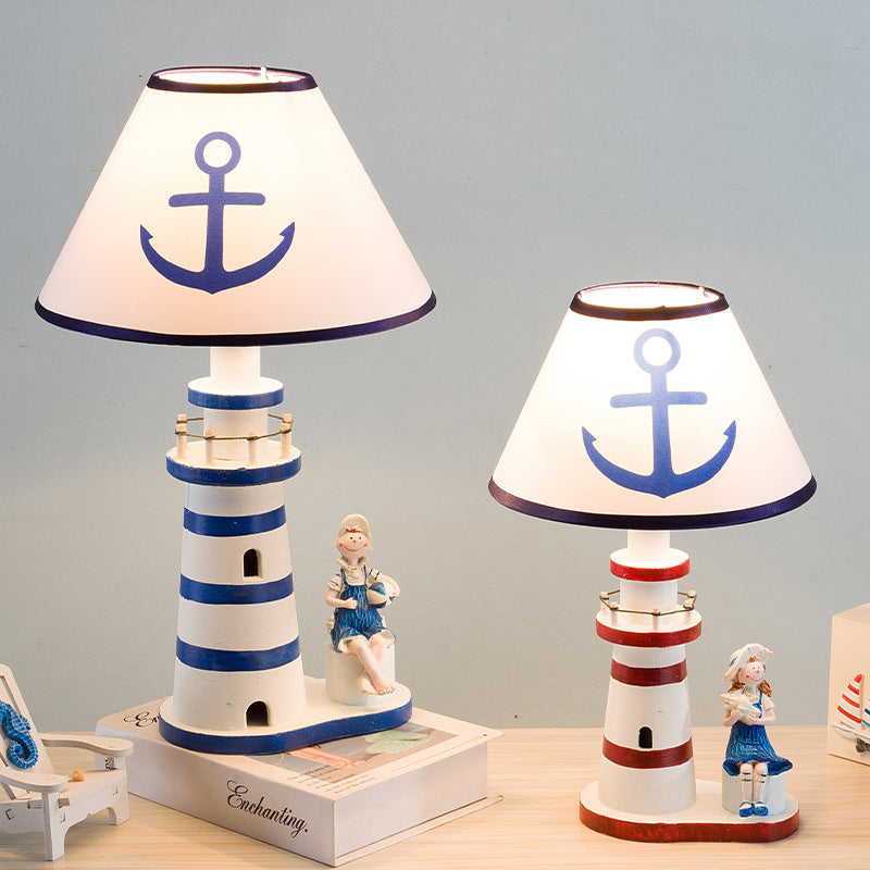 Coastal Wood Fabric Kids Conic Lighthouse 1-Light Table Lamp