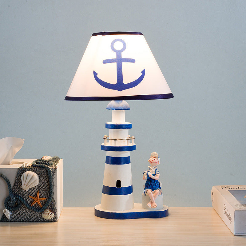 Coastal Wood Fabric Kids Conic Lighthouse 1-Light Table Lamp
