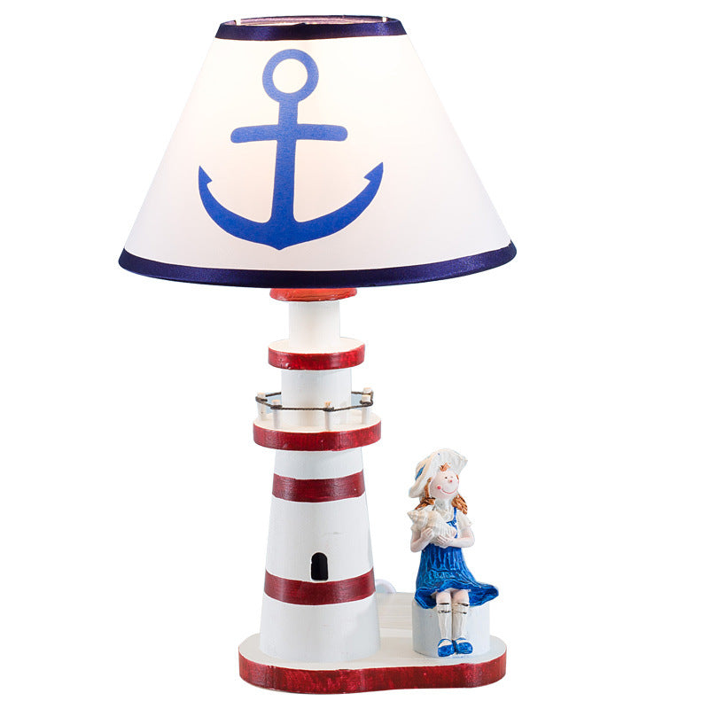 Coastal Wood Fabric Kids Conic Lighthouse 1-Light Table Lamp