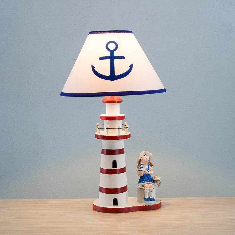 Coastal Wood Fabric Kids Conic Lighthouse 1-Light Table Lamp