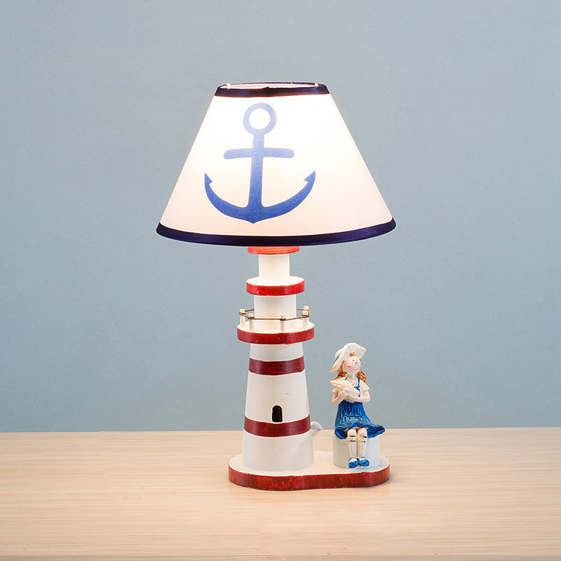 Coastal Wood Fabric Kids Conic Lighthouse 1-Light Table Lamp