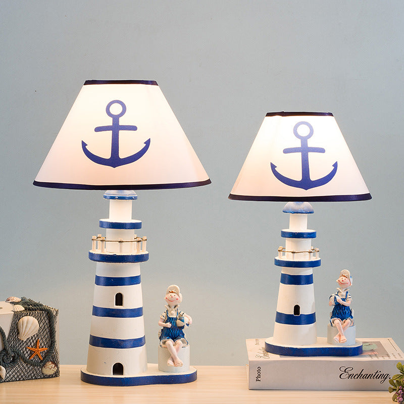 Coastal Wood Fabric Kids Conic Lighthouse 1-Light Table Lamp