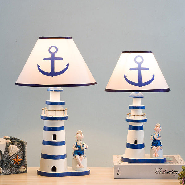 Coastal Wood Fabric Kids Conic Lighthouse 1-Light Table Lamp