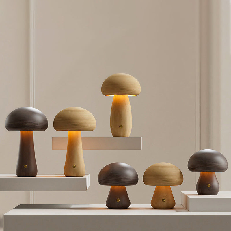 Modern Scandinavian Solid Wood Mushroom LED Table Lamp