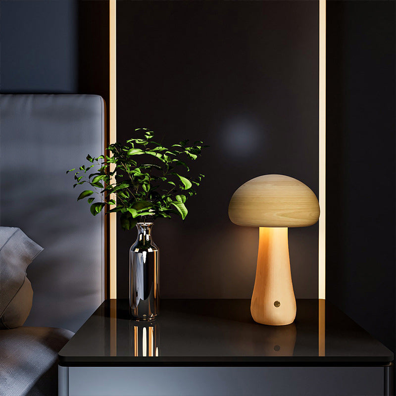 Modern Scandinavian Solid Wood Mushroom LED Table Lamp