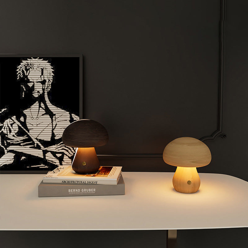 Modern Scandinavian Solid Wood Mushroom LED Table Lamp