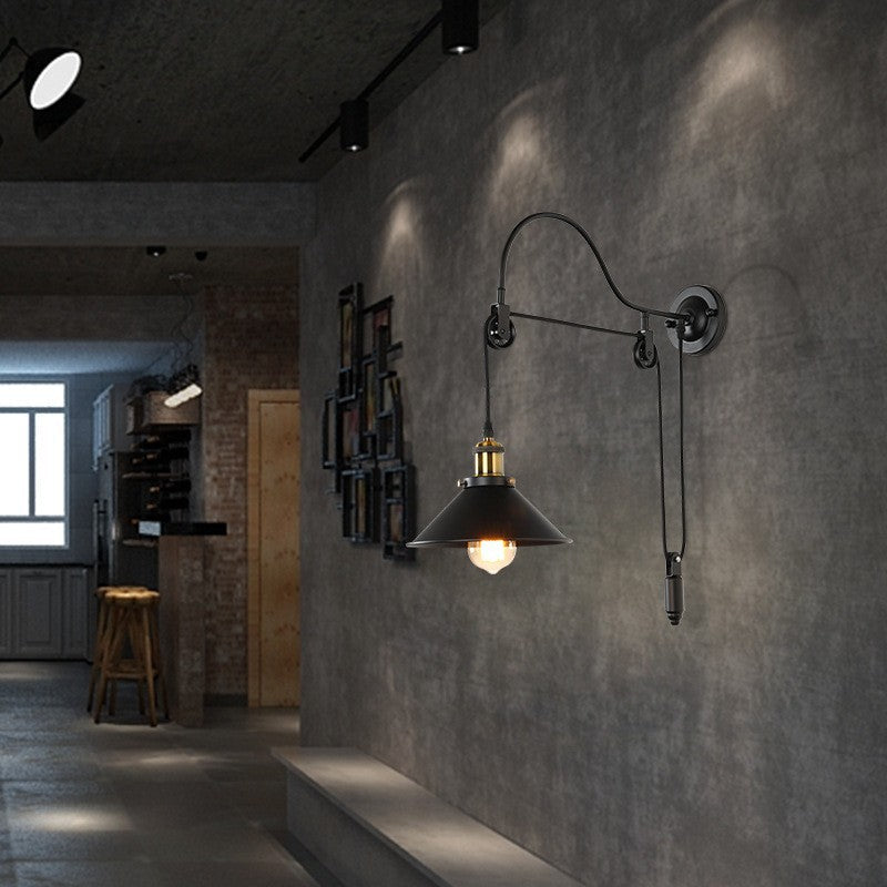 Retro Industrial Wrought Iron 1-Light Pulley Wall Sconce
