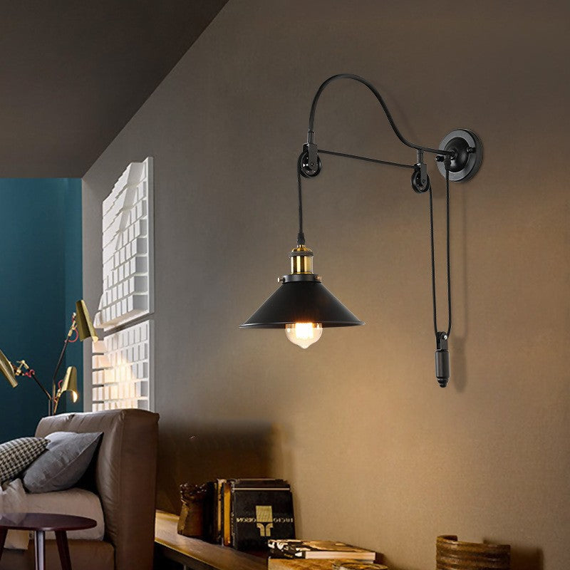 Retro Industrial Wrought Iron 1-Light Pulley Wall Sconce