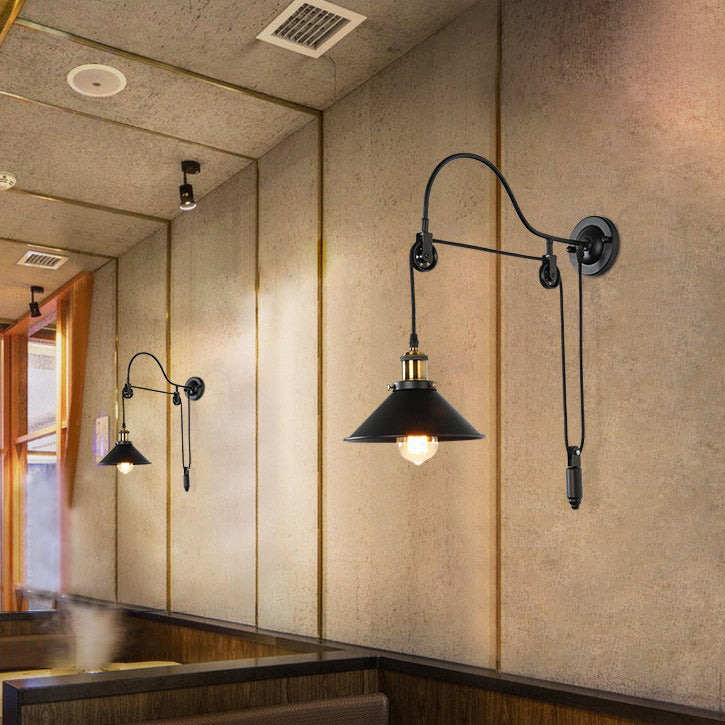 Retro Industrial Wrought Iron 1-Light Pulley Wall Sconce