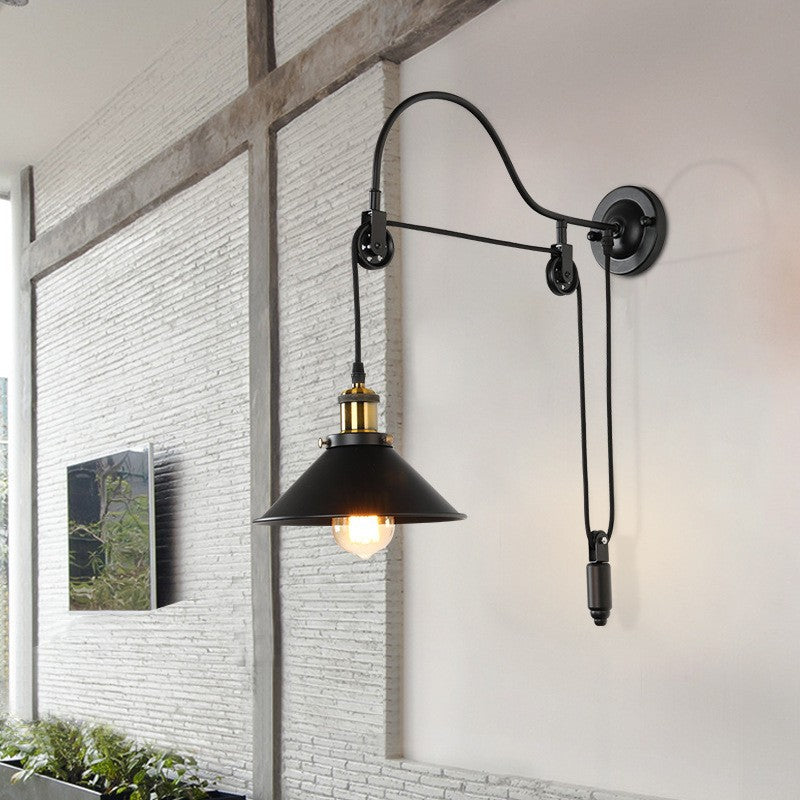 Retro Industrial Wrought Iron 1-Light Pulley Wall Sconce