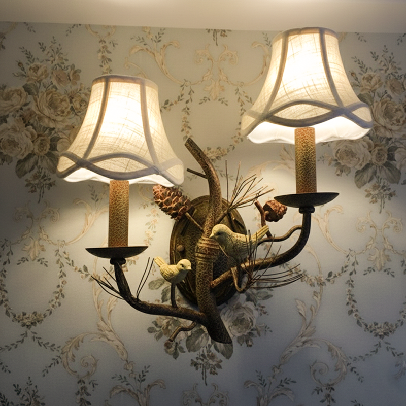 Vintage Fabric Bird Pinecone Resin 1/2 Light Wall Sconce