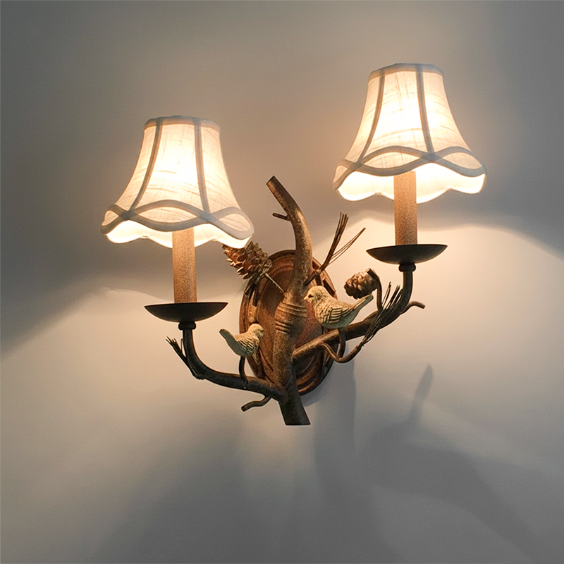 Vintage Fabric Bird Pinecone Resin 1/2 Light Wall Sconce