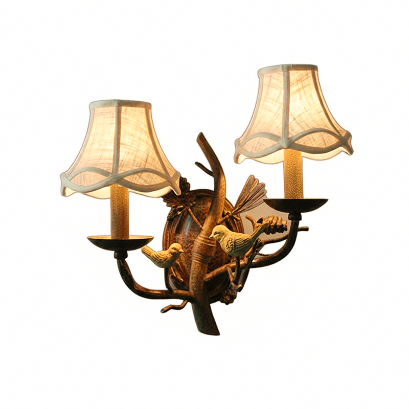 Vintage Fabric Bird Pinecone Resin 1/2 Light Wall Sconce