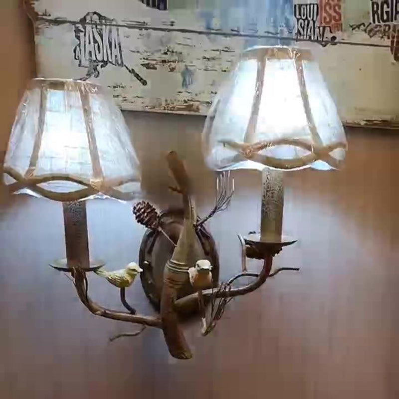 Vintage Fabric Bird Pinecone Resin 1/2 Light Wall Sconce