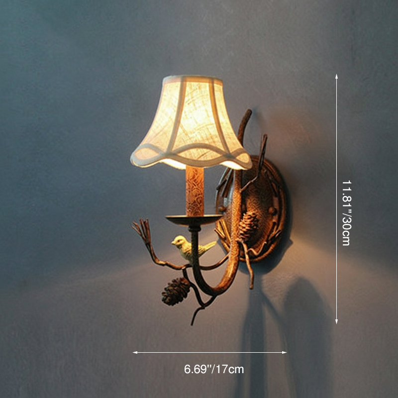 Vintage Fabric Bird Pinecone Resin 1/2 Light Wall Sconce