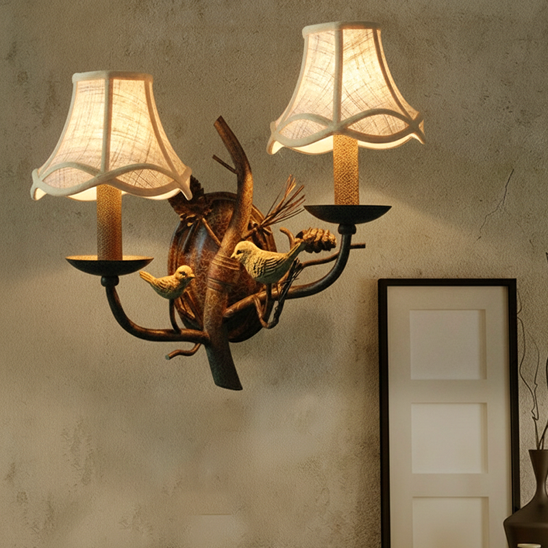 Vintage Fabric Bird Pinecone Resin 1/2 Light Wall Sconce