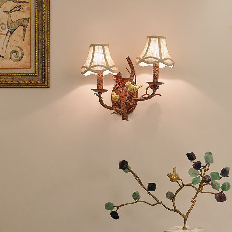 Vintage Fabric Bird Pinecone Resin 1/2 Light Wall Sconce