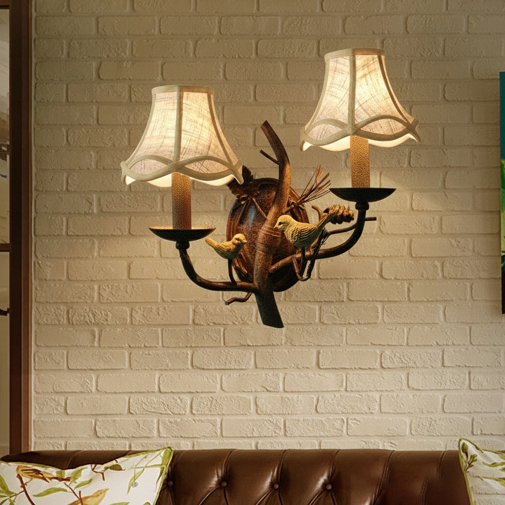 Vintage Fabric Bird Pinecone Resin 1/2 Light Wall Sconce