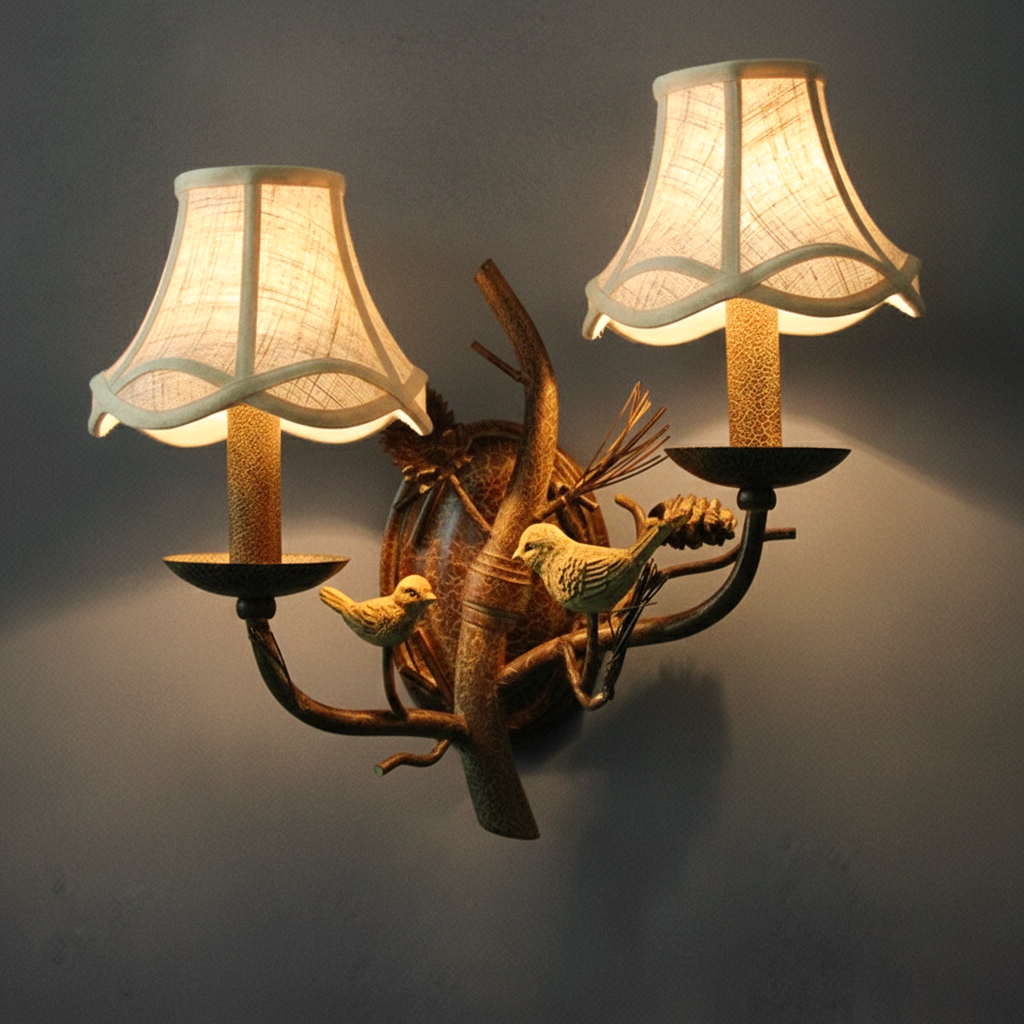 Vintage Fabric Bird Pinecone Resin 1/2 Light Wall Sconce