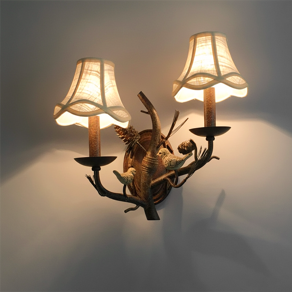 Vintage Fabric Bird Pinecone Resin 1/2 Light Wall Sconce