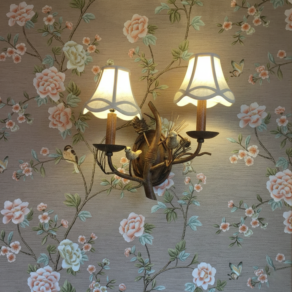 Vintage Fabric Bird Pinecone Resin 1/2 Light Wall Sconce
