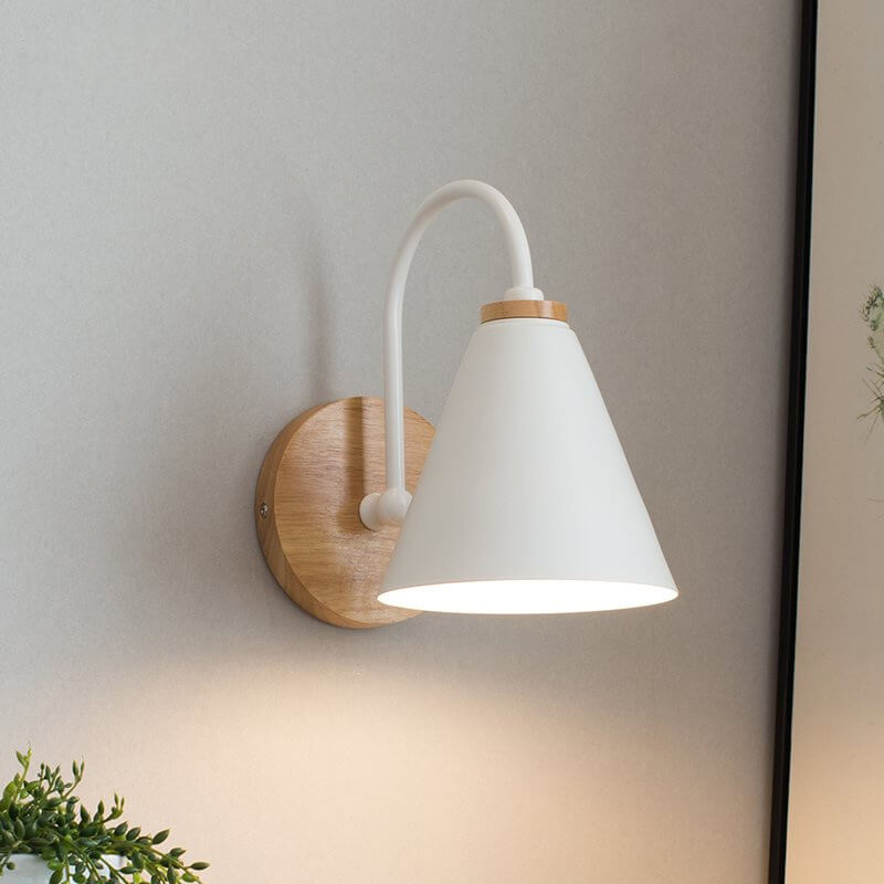 Modern Minimalist Cone Shade Wooden Base 1-Light Wall Sconce