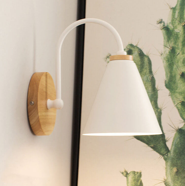 Modern Minimalist Cone Shade Wooden Base 1-Light Wall Sconce