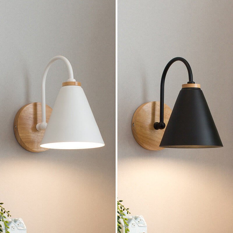 Modern Minimalist Cone Shade Wooden Base 1-Light Wall Sconce