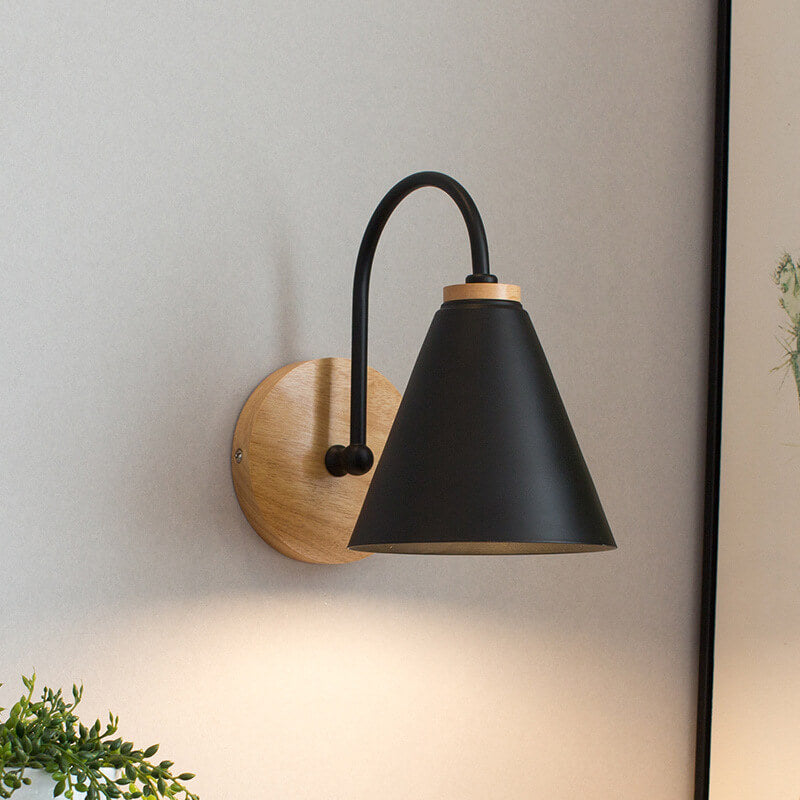 Modern Minimalist Cone Shade Wooden Base 1-Light Wall Sconce