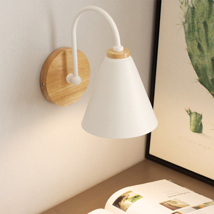 Modern Minimalist Cone Shade Wooden Base 1-Light Wall Sconce