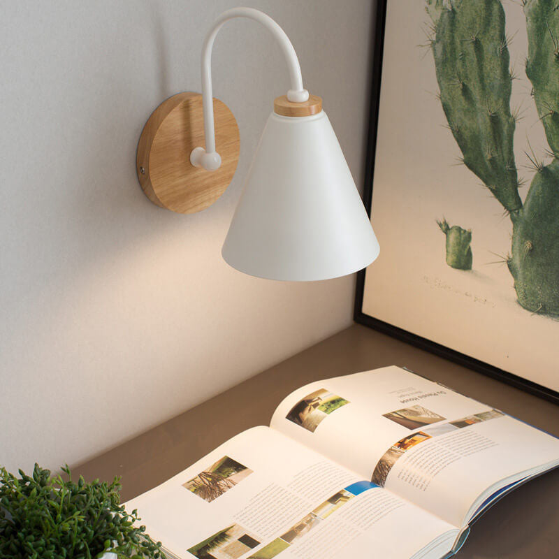 Modern Minimalist Cone Shade Wooden Base 1-Light Wall Sconce
