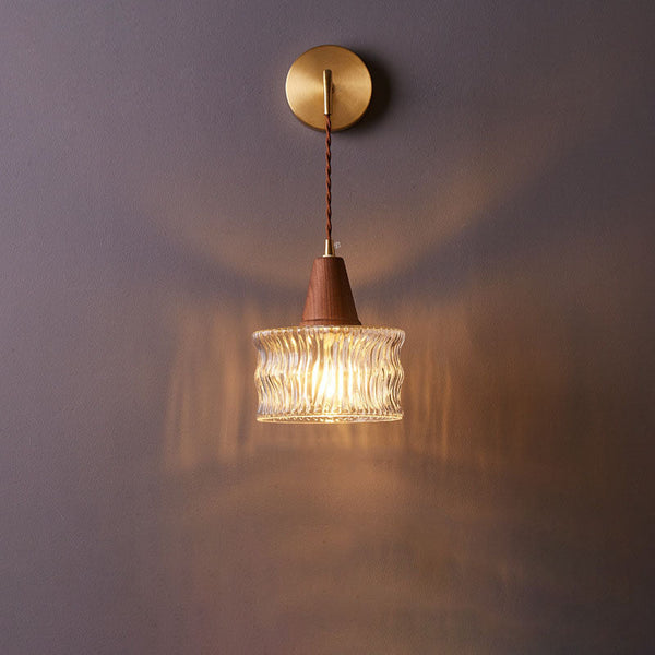 Japanese Walnut Glass Copper Cylinder 1-Light Wall Sconce