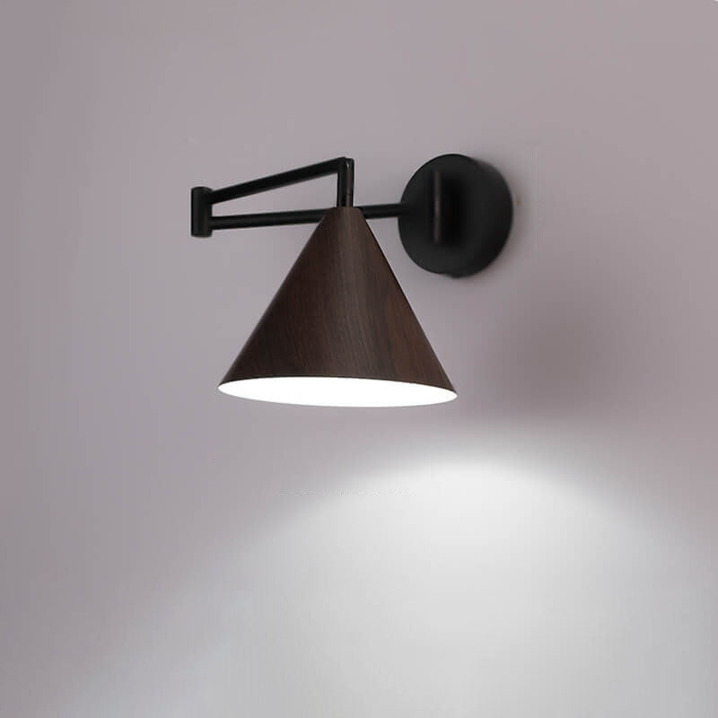 Contemporary Nordic Cone Swing Arm Wood Grain Wall Sconce