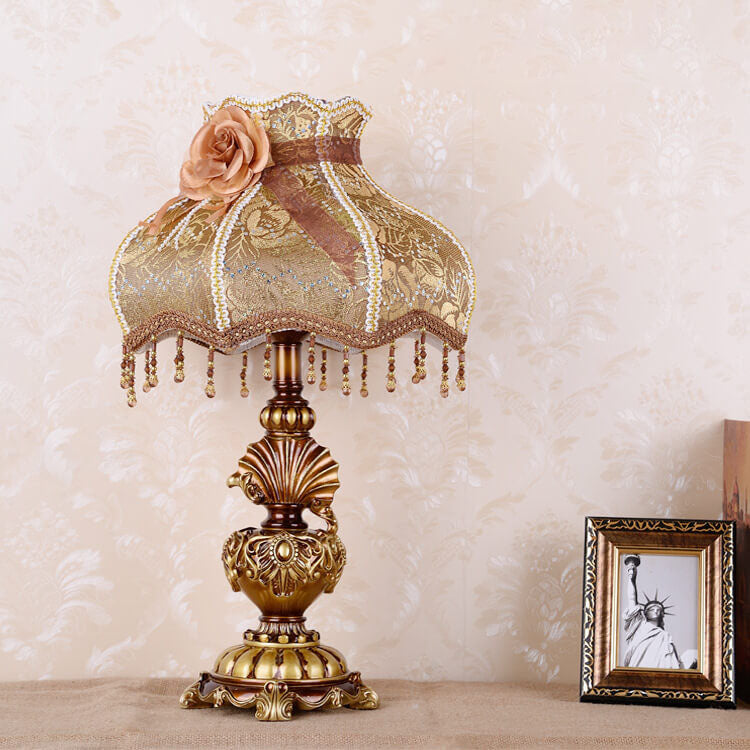 European Vintage Fabric Tassel Resin Court Table Lamp