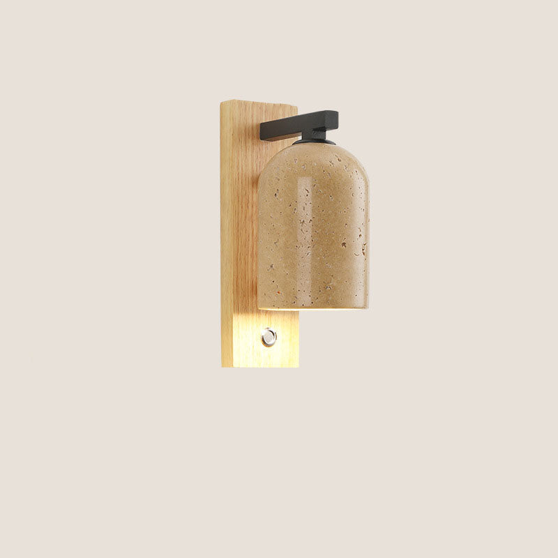 Japanese Vintage Stone Cylinder Wooden Base Wall Sconce