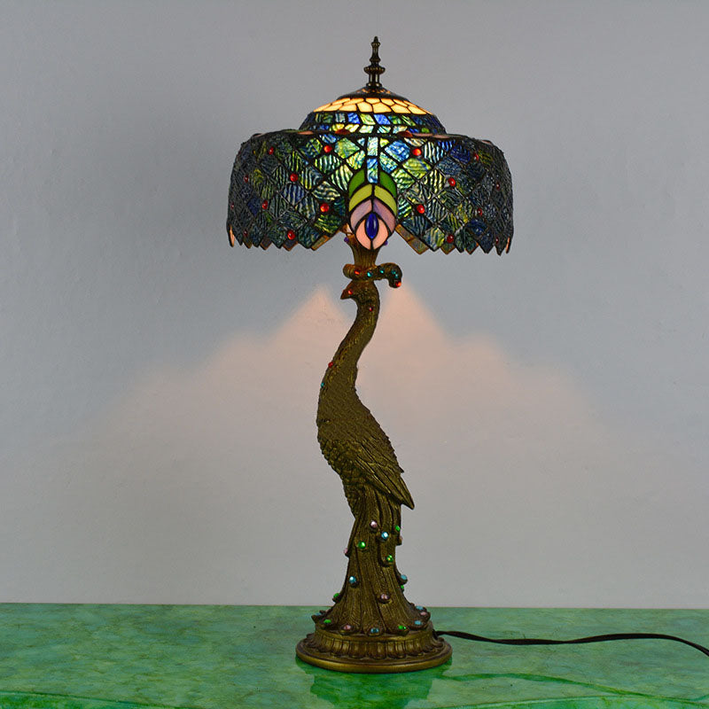 Traditional Tiffany Peacock Gem Dome Glass Resin Table Lamp