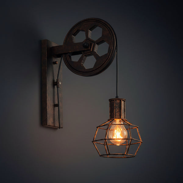 Vintage Industrial Pulley Iron 1-Light Wall Sconce